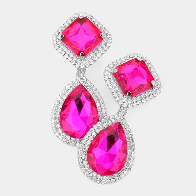 Fashnzfab Square Teardrop Stone Accented Dangle Evening Clip On Earrings In Pink