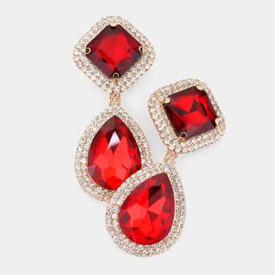 Fashnzfab Square Teardrop Stone Accented Dangle Evening Clip On Earrings In Red