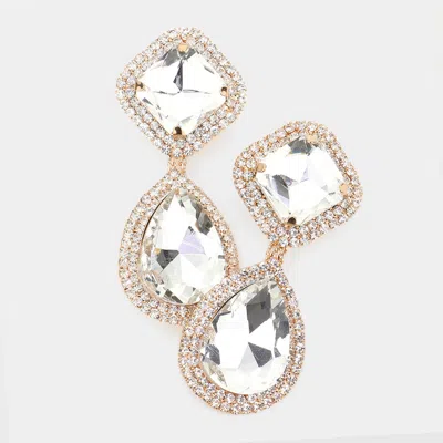 Fashnzfab Square Teardrop Stone Accented Dangle Evening Clip On Earrings In Silver