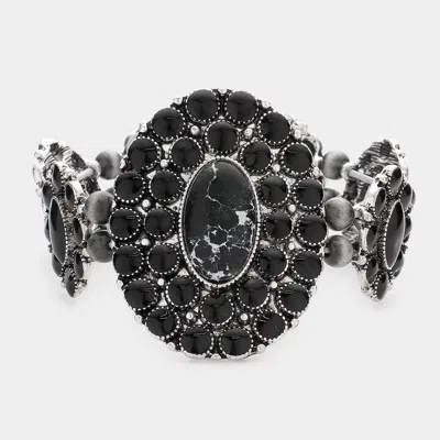 Fashnzfab Squash Blossom Natural Stone Accented Stretch Bracelet Black
