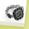 Fashnzfab Squash Blossom Natural Stone Accented Stretch Bracelet Black, Silver Burnished In Multi