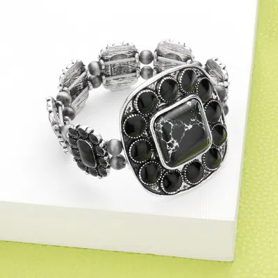 Fashnzfab Squash Blossom Natural Stone Accented Stretch Bracelet Black, Silver Burnished In Multi