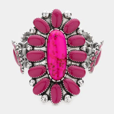 Fashnzfab Squash Blossom Natural Stone Accented Stretch Bracelet Fuchsia, Silver Burnished In Multi