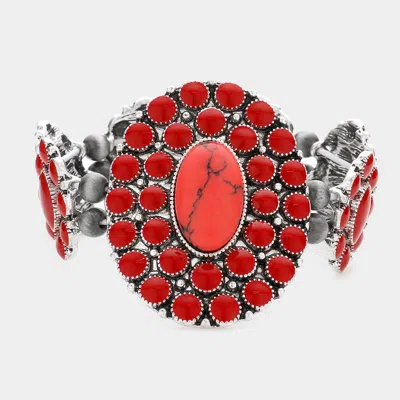 Fashnzfab Squash Blossom Natural Stone Accented Stretch Bracelet In Red