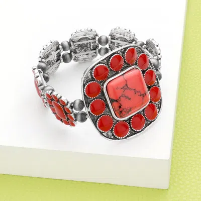 Fashnzfab Squash Blossom Natural Stone Accented Stretch Bracelet Red, Silver Burnished In Multi