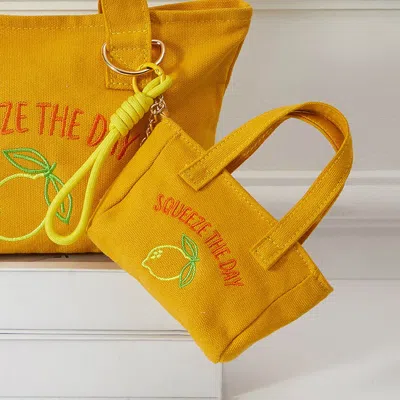 Fashnzfab Squeeze Day Lemon Embroidered Mini Canvas Tote Bag Keychain Bag Charm In Yellow
