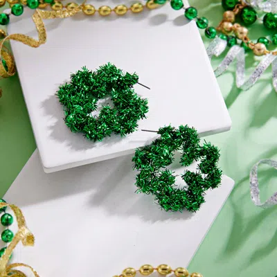 Fashnzfab St Patricks Day Shamrock Clover Tinsel Wreath Hoop Earrings In Green