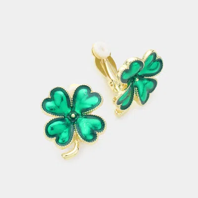Fashnzfab St Patricks Enamel Clover Clip On Earrings 0.8" X 1" In Green