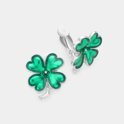 Fashnzfab St Patricks Enamel Clover Clip On Earrings 0.8" X 1" In Green