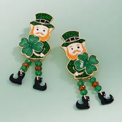 Fashnzfab St Patricks Leprechaun Clover Earrings In Gold