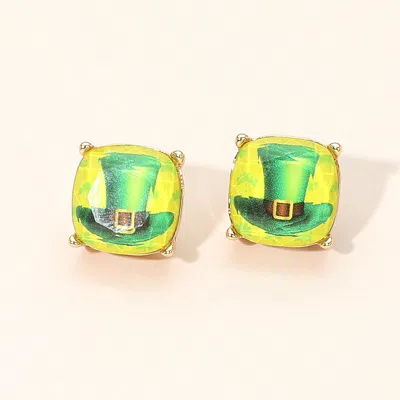 Fashnzfab St Patricks Leprechaun Hat Square Cushion Stud Earrings Green, Yellow