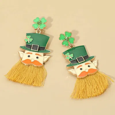 Fashnzfab St Patricks Shamrock Clover Leprechaun Tassel Drop Earrings In Multi