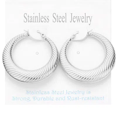 Fashnzfab Stainless Steel 1.5 Inch Textured Metal Hoop Pin Catch Earrings In Silver