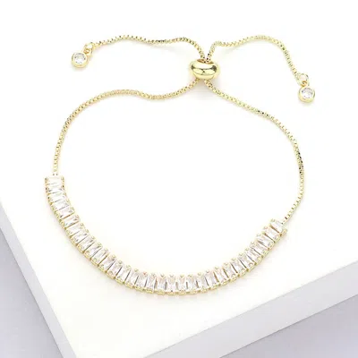 Fashnzfab Stainless Steel Baguette Cz Stone Tennis Chain Pull Tie Adjustable Bracelet Gold