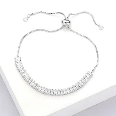Fashnzfab Stainless Steel Baguette Cz Stone Tennis Chain Pull Tie Adjustable Bracelet Silver