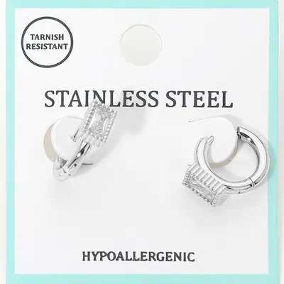 Fashnzfab Stainless Steel Baguette Stone Accent Mini Huggie Hoop Earrings In Metallic