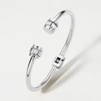 Fashnzfab Stainless Steel Baguette Stone Nail Head Tip Hinged Cuff Bracelet In Silver