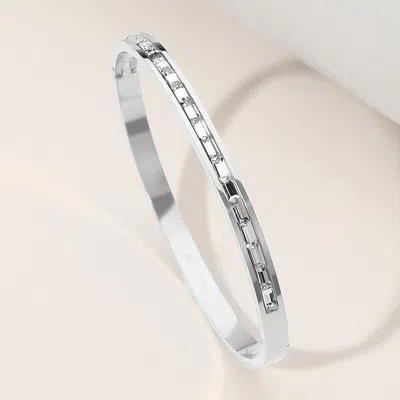 Fashnzfab Stainless Steel Baguette Stone Paved Hinged Bangle Bracelet Clear, Silver In Multi