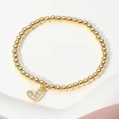 Fashnzfab Stainless Steel Ball Heart Charm Beaded Stretch Bracelet Clear, Gold In Multi
