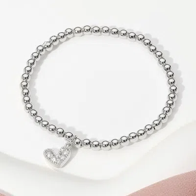 Fashnzfab Stainless Steel Ball Heart Charm Beaded Stretch Bracelet Clear, Silver In Multi