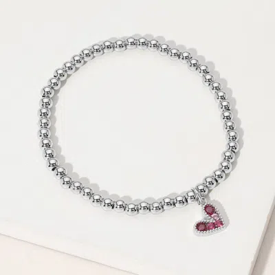Fashnzfab Stainless Steel Ball Heart Charm Beaded Stretch Bracelet Fuchsia, Silver In Metallic