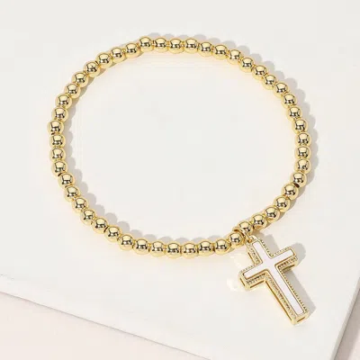 Fashnzfab Stainless Steel Ball Mother Of Pearl Cross Charm Beaded Stretch Bracelet Gold, Mother Of Pearl In Multi