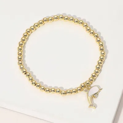 Fashnzfab Stainless Steel Ball Mother Of Pearl Dolphin Charm Beaded Stretch Bracelet Gold, Mother Of Pearl In Multi