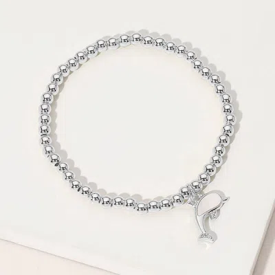 Fashnzfab Stainless Steel Ball Mother Of Pearl Dolphin Charm Beaded Stretch Bracelet Mother Of Pearl, Silver In Multi