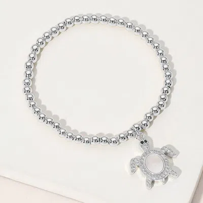 Fashnzfab Stainless Steel Ball Mother Of Pearl Sea Turtle Charm Beaded Stretch Bracelet Mother Of Pearl, Silve In Multi