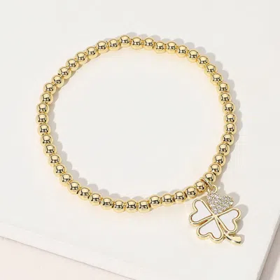 Fashnzfab Stainless Steel Ball Stone Paved Mother Of Pearl Clover Charm Beaded Stretch Bracelet - Gold, Mother In Multi