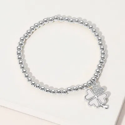 Fashnzfab Stainless Steel Ball Stone Paved Mother Of Pearl Clover Charm Beaded Stretch Bracelet Mother Of Pear In Multi