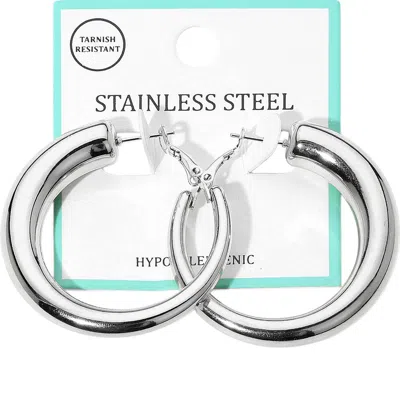 Fashnzfab Stainless Steel Chunky Hoop Earrings - Rhodium In White