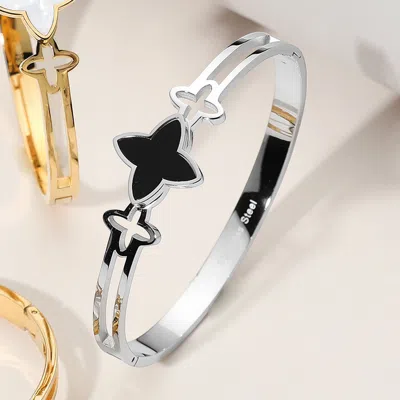 Fashnzfab Stainless Steel Clover Pointed Hinged Bangle Bracelet Black, Silver In Multi