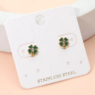 Fashnzfab Stainless Steel Clover Stud Earrings In Green