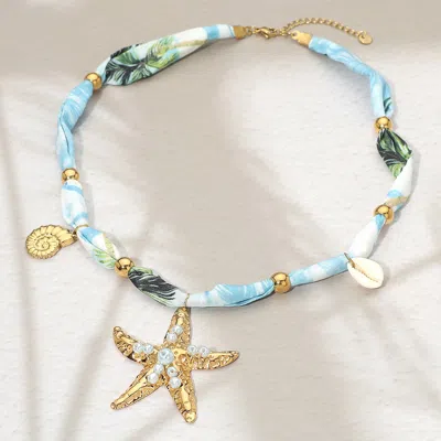 Fashnzfab Stainless Steel Coastal Starfish Shell Charm Accent Fabric Scarf Necklace In Red