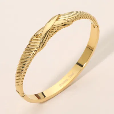 Fashnzfab Stainless Steel Crisscross Accent Textured Hinged Bangle Bracelet In Gold