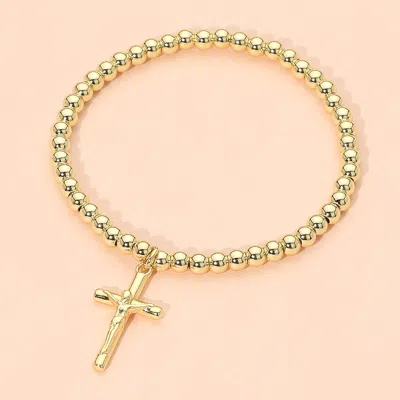 Fashnzfab Stainless Steel Cross Charm Beaded Stretch Bracelet In Gold