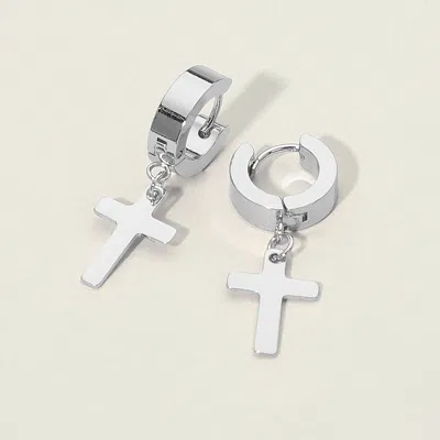 Fashnzfab Stainless Steel Cross Charm Dangle Mini Huggie Hoop Earrings In Gray