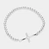Fashnzfab Stainless Steel Stone Paved Cross Pendant Pointed Stretch Bracelet Silver In Silver