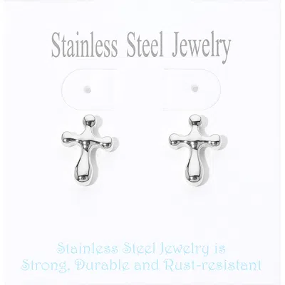 Fashnzfab Stainless Steel Cross Stud Earrings In Silver