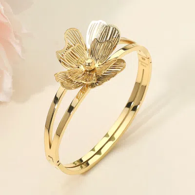 Fashnzfab Stainless Steel Cutout Petal Flower Accent Hinged Bangle Bracelet In Gold