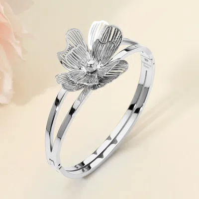 Fashnzfab Stainless Steel Cutout Petal Flower Accent Hinged Bangle Bracelet In Silver