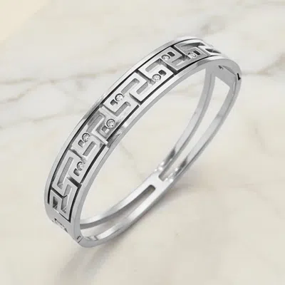 Fashnzfab Stainless Steel Cz Accent Geometric Greek Pattern Hinged Bangle Bracelet In Silver