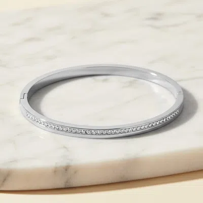 Fashnzfab Stainless Steel Cz Accent Hinged Bangle Bracelet In Silver