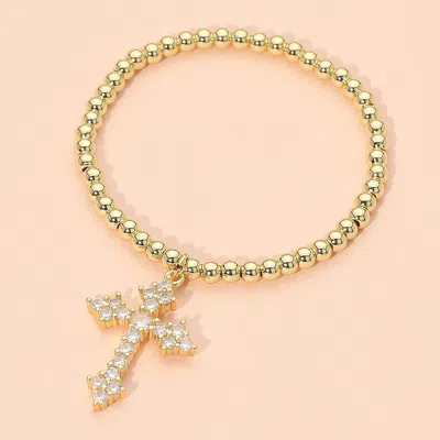 Fashnzfab Stainless Steel Cz Cross Charm Beaded Stretch Bracelet In Gold