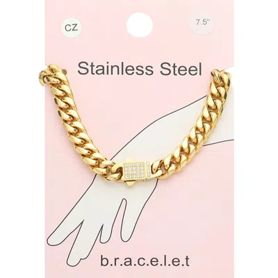 Fashnzfab Stainless Steel Cz Embellished Metal Chain Link Bracelet Gold In Pink