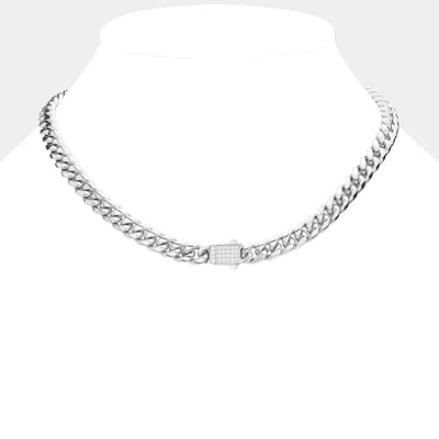Fashnzfab Stainless Steel Cz Embellished Metal Chain Link Necklace In Metallic