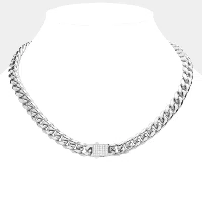 Fashnzfab Stainless Steel Cz Embellished Metal Chain Link Necklace In Multi