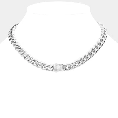 Fashnzfab Stainless Steel Cz Embellished Metal Chain Link Necklace In Silver