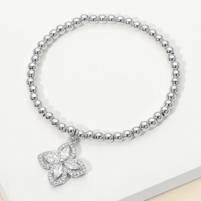 Fashnzfab Stainless Steel Cz Flower Charm Beaded Stretch Bracelet In Silver